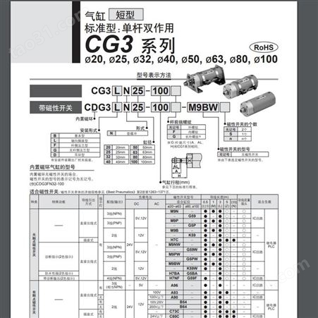 日本SMC 气缸／短小型 CG3/CDG3